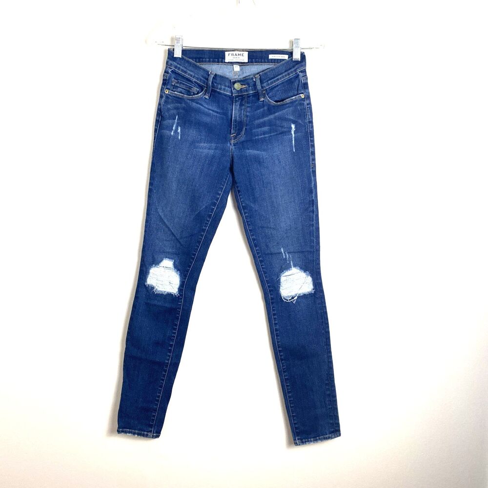 FRAME Le Skinny De Jeanne Jeans Size 27 Blue Distressed Low Rise Stretch Slim